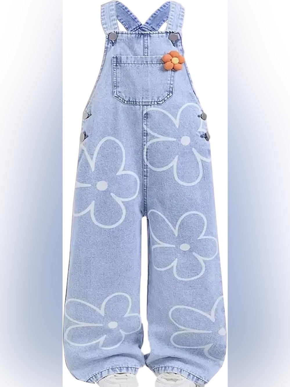 NWOT SHEIN Light Blue Floral Denim Overalls with Orange Flower Pin